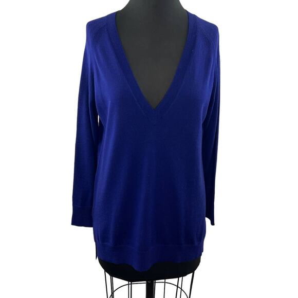 EILEEN FISHER Blue Knit Oversized V-Neck Tunic Sweater Pullover Plunge Neck PS - Picture 1 of 7